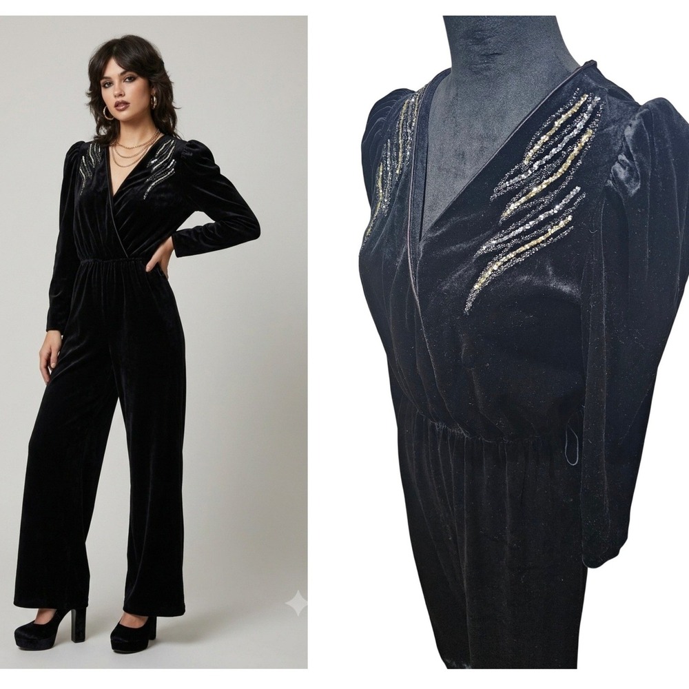 Authentic Vintage Fredericks of Hollywood Velvet Sequin Jumpsuit Sz M Black 70s
